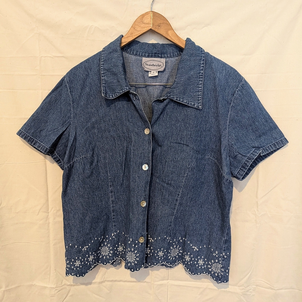 Stonebridge Embroidered Denim Notched Collar Crop Button Down Shirt